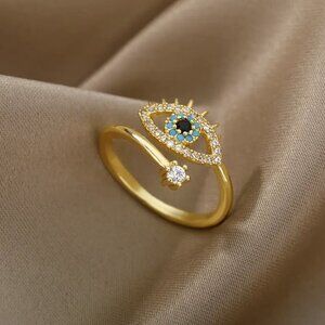 Sparkly Gold Evil Eye CZ Diamond Boho Protection Adjustable Ring NEW
